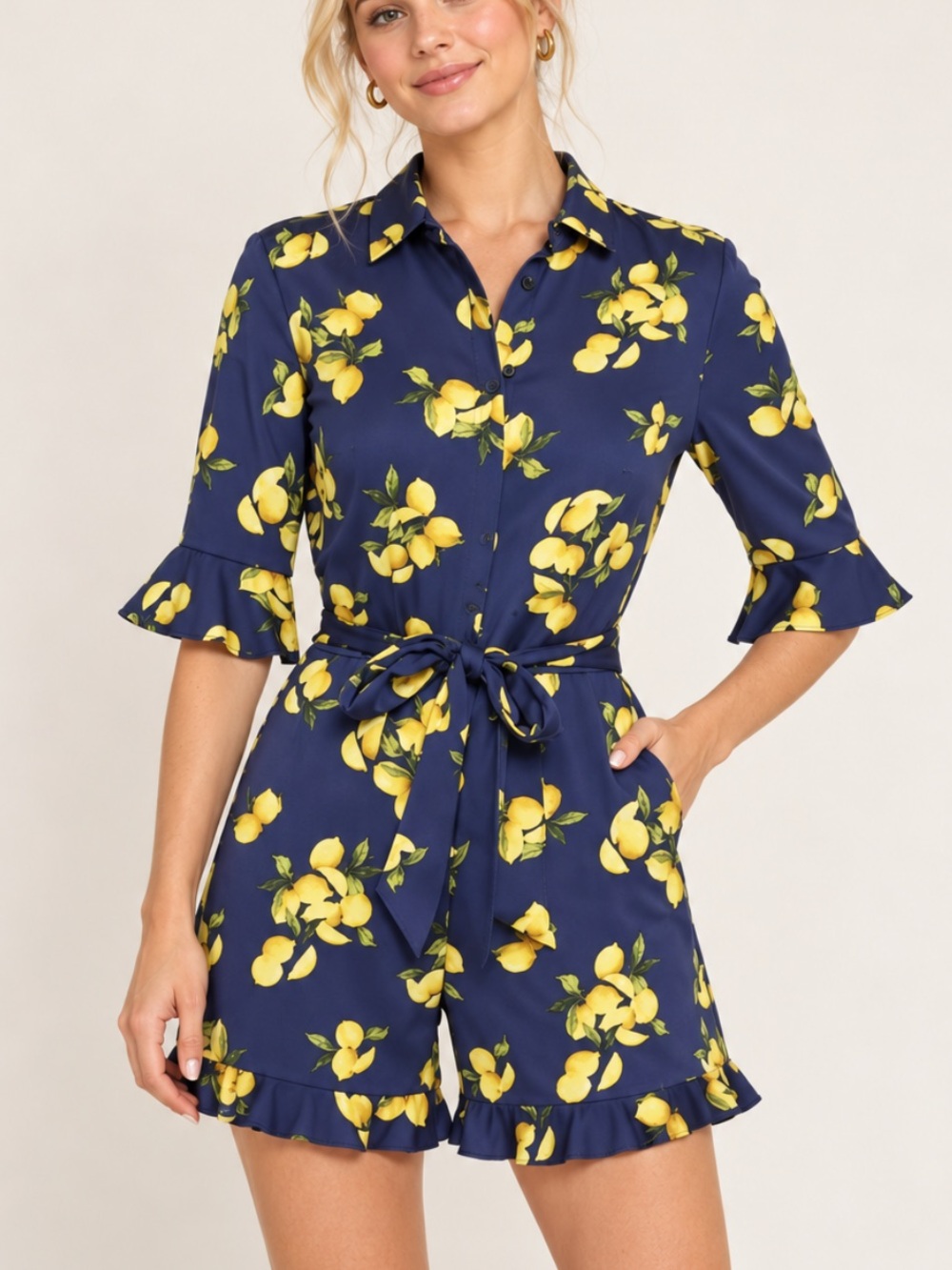 Banana Republic Navy Blue Lemon-Print Romper 40164